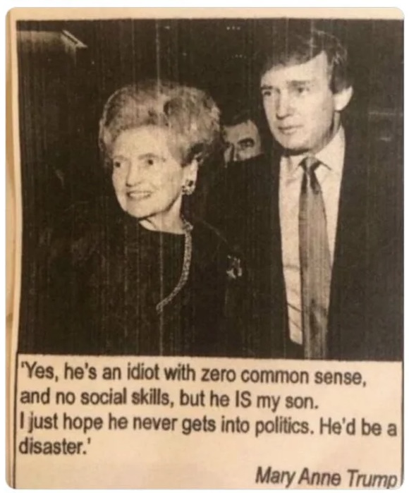 trump's mother comment about his son. he's an idiot with zero common sense.