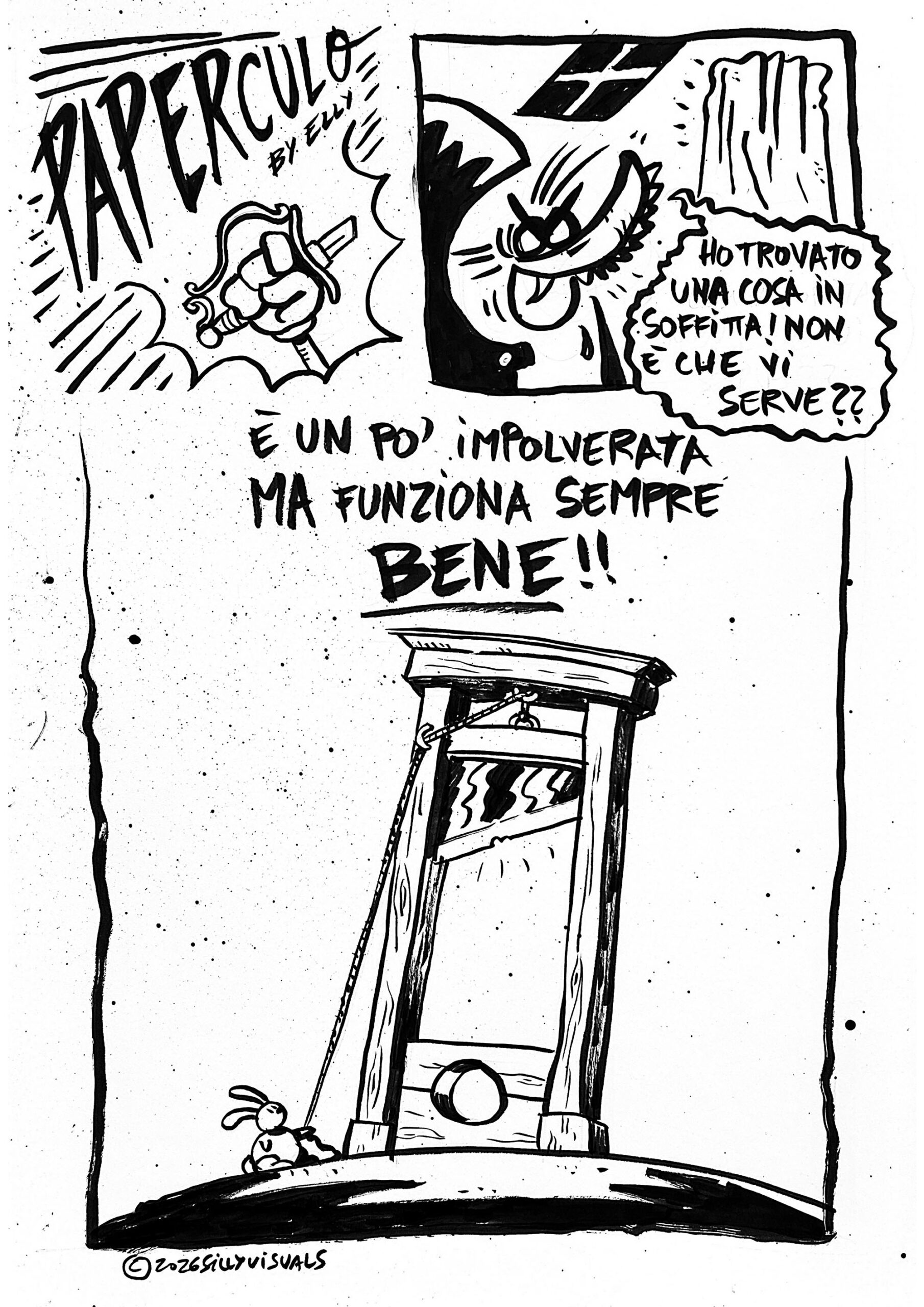 paper culo tira fuori dalla soffitta un vecchio oggetto, si scopre essere una ghigliottina, oggetto che anche oggi potrebbe tornare utile forse?