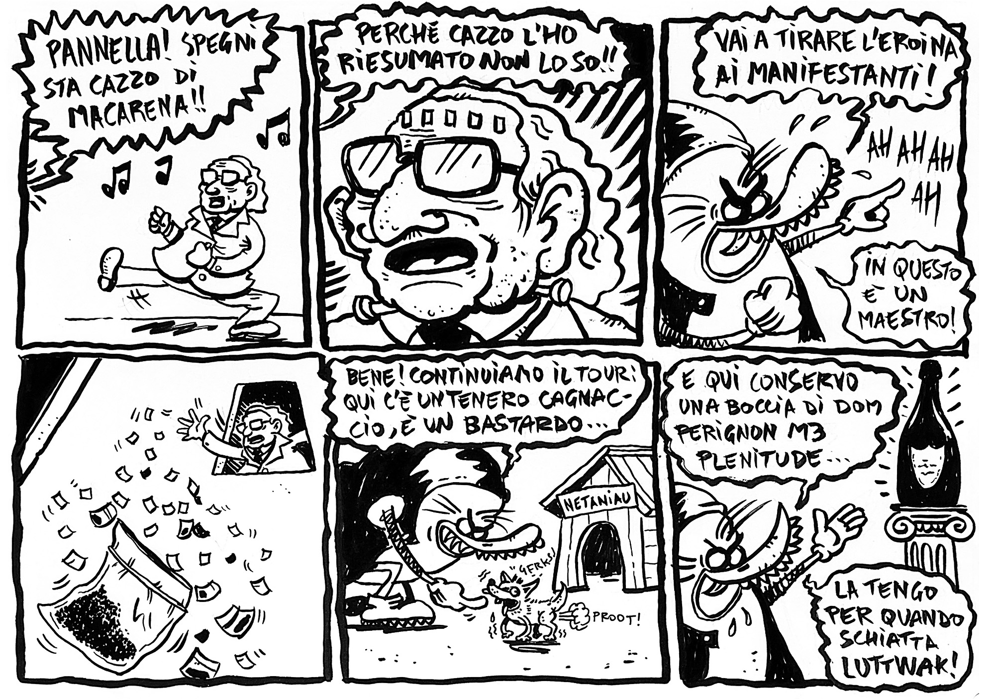 è pannella, riesumato da paper culo, che sta ascoltando la macarena. paper culo lo manda a tirare l'eroina ai manifestanti, continua il tour del palazzo