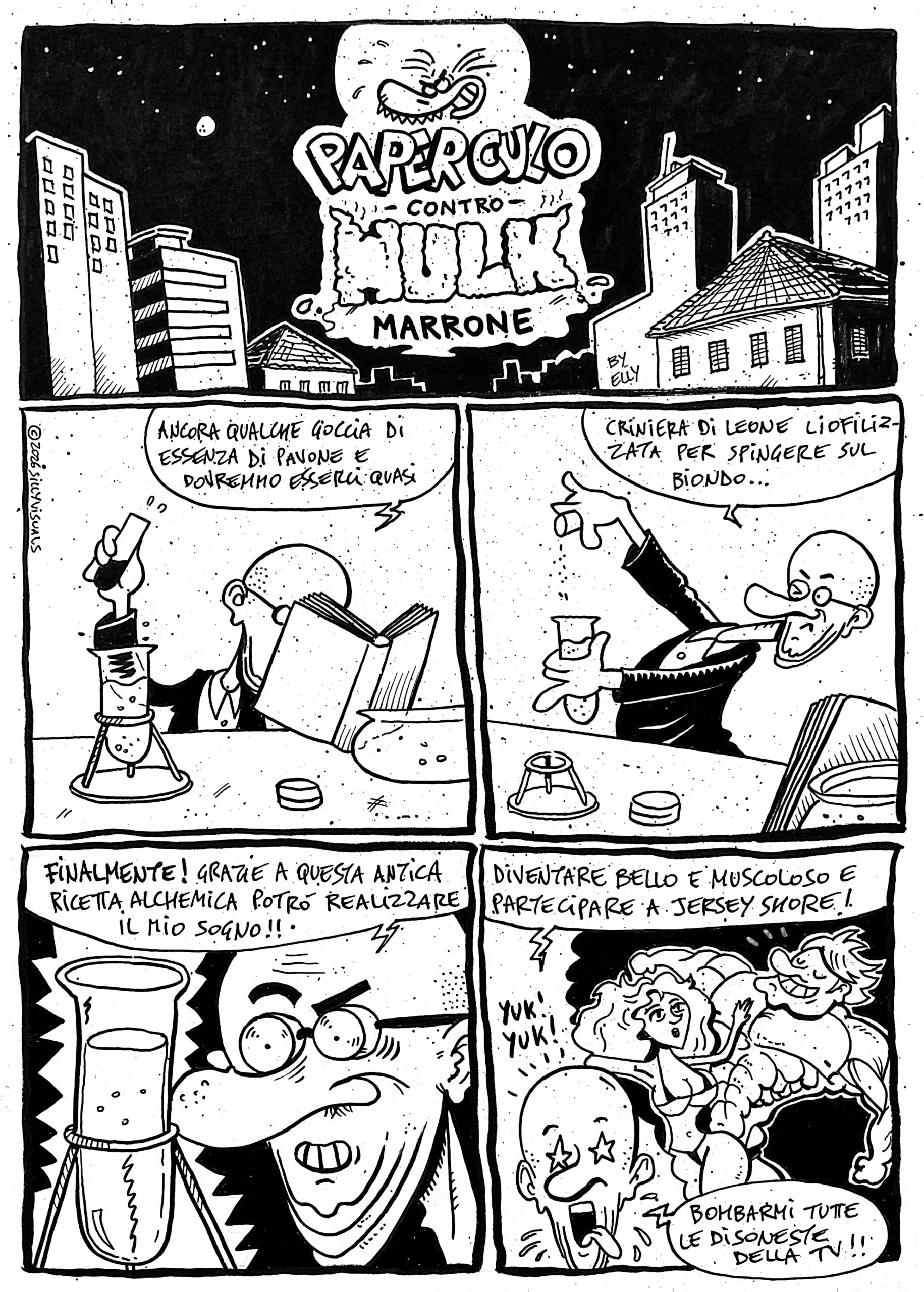 title page per la storia di paper culo contro hulk marrone. lo scienziato pazzo sta creando un fluidi magico